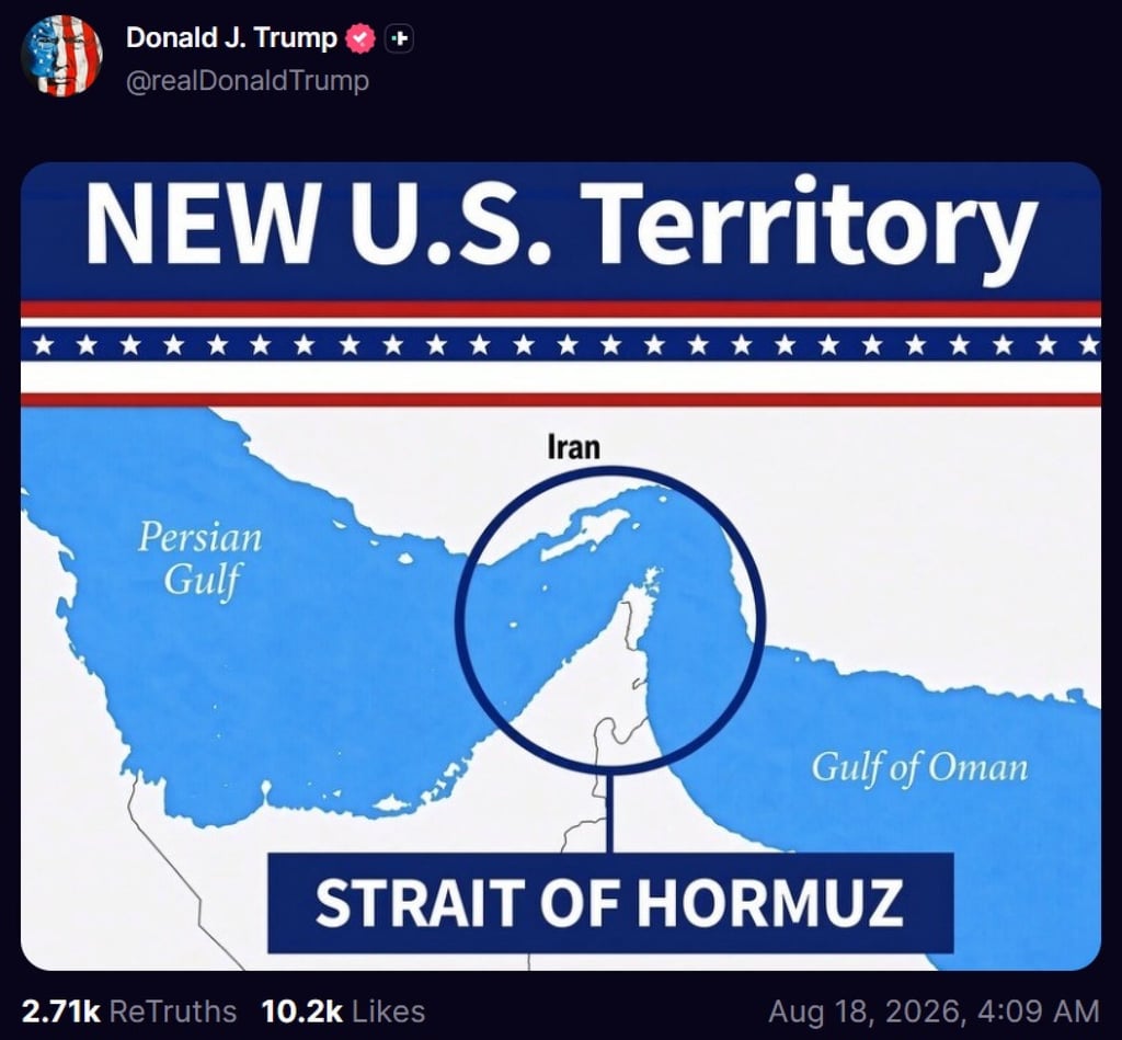 A map depicting the Strait of Hormuz and titled “New US Territory” was posted on US President Donald Trump’s social media account on Tuesday. Image: Truth Social/realDonaldTrump