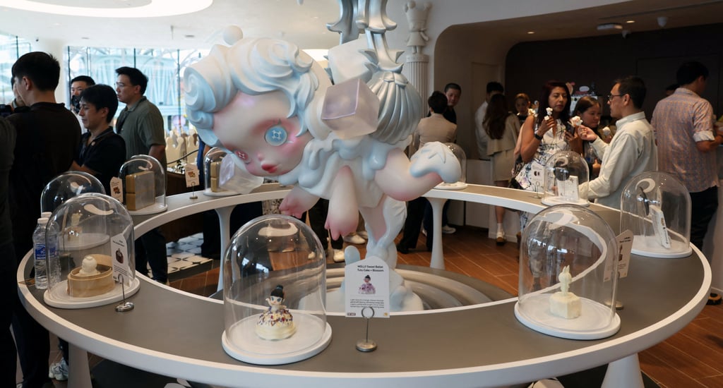 Character-themed desserts are displayed at Pop Mart’s first international bakery at Resorts World Sentosa on July 29. Photo: Reuters