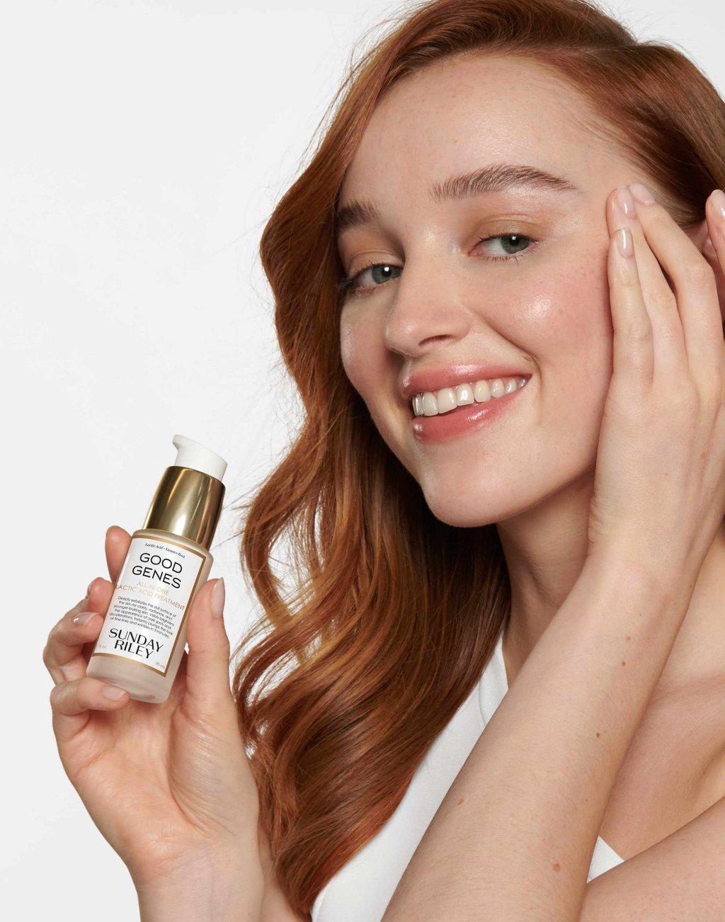 Phoebe Dynevor with the Sunday Riley Good Genes Lactic Acid Treatment serum. Photo: Handout
