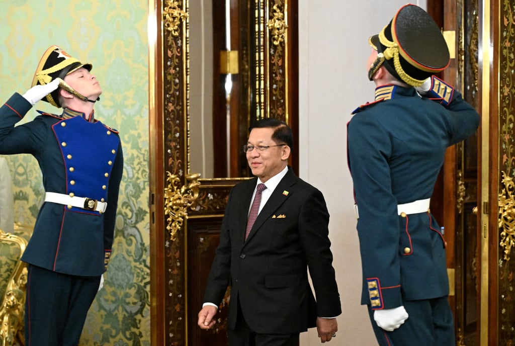 Myanmar President Min Aung Hlaing enters a hall during a meeting with Russian President Vladimir Putin in Moscow, Russia, on Tuesday. Photo: Sputnik via Reuters Myanmar President Min Aung Hlaing enters a hall during a meeting with Russian President Vladimir Putin in Moscow, Russia, on Tuesday. Photo: Sputnik via Reuters
