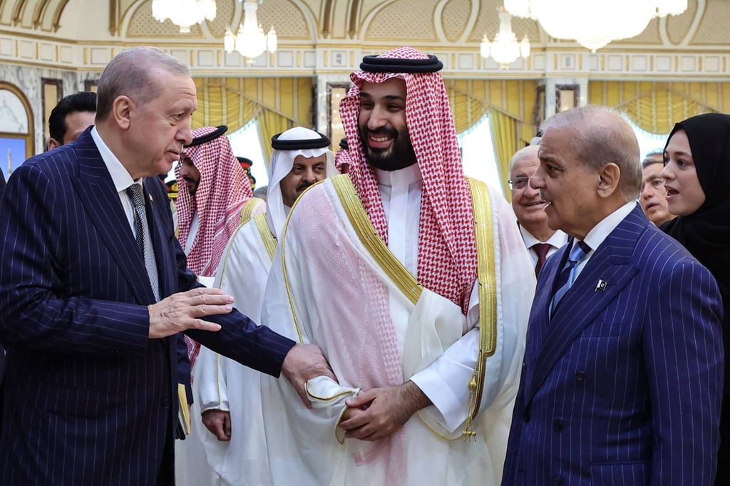 Turkey’s President Recep Tayyip Erdogan, Saudi Arabia’s Crown Prince Mohammed bin Salman and Pakistan’s Prime Minister Shehbaz Sharif meet in Mecca. The countries signed a joint defence agreement on August 7. Photo: Turkish Presidency Press Office/AFP Turkey’s President Recep Tayyip Erdogan, Saudi Arabia’s Crown Prince Mohammed bin Salman and Pakistan’s Prime Minister Shehbaz Sharif meet in Mecca. The countries signed a joint defence agreement on August 7. Photo: Turkish Presidency Press Office/AFP