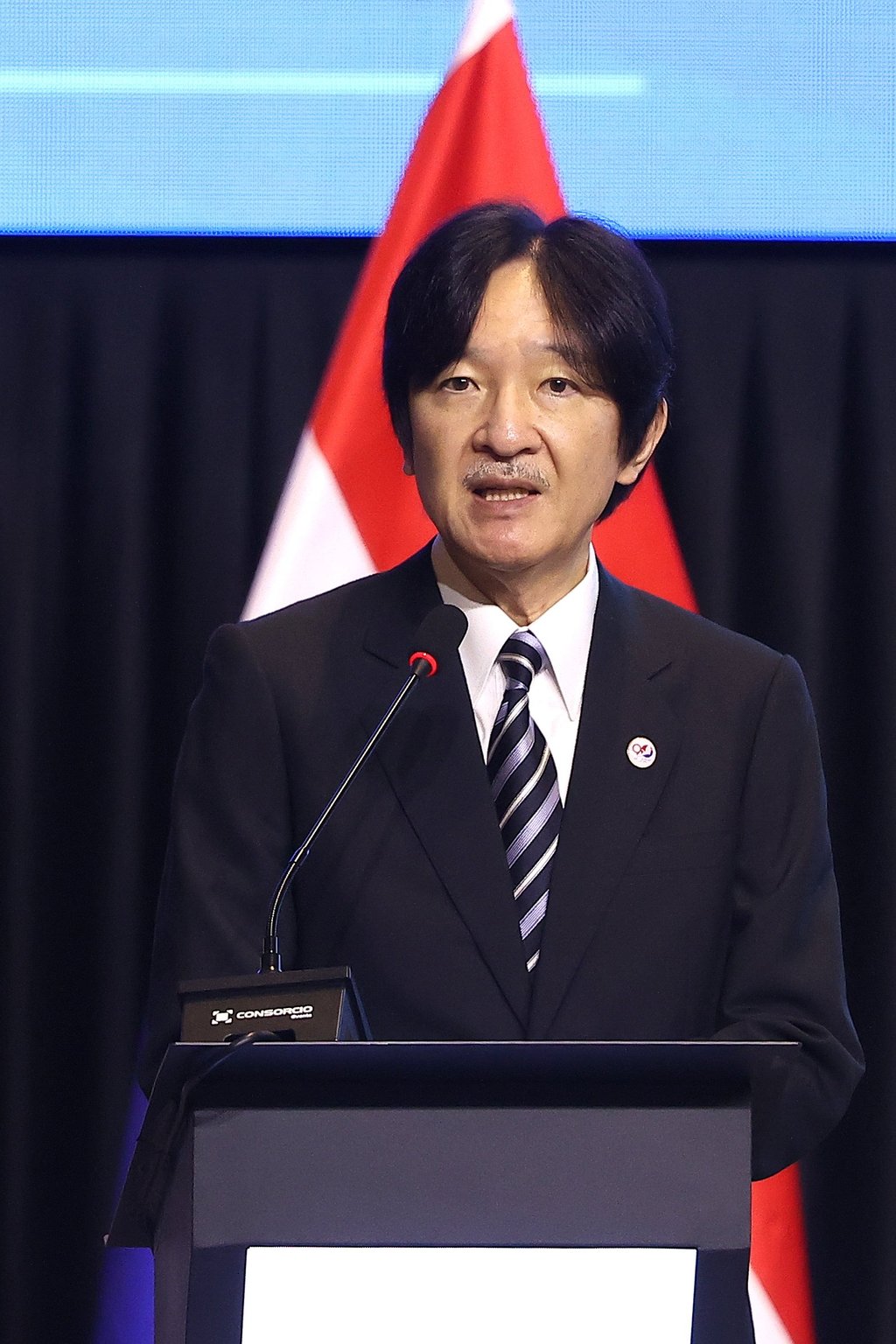 Crown Prince Fumihito speaks during a ceremony commemorating the 90th anniversary of Japanese immigration to Paraguay in Luque, Paraguay, on Friday. Photo: EPA