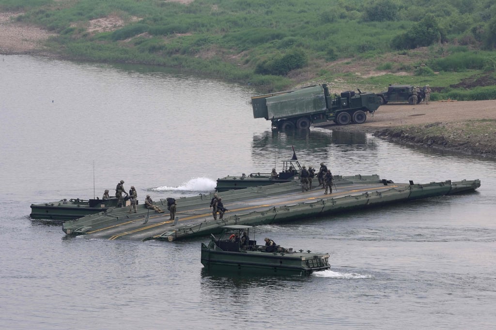 US soldiers taking part in the scaled-back joint military exercises with South Korea on Thursday. Photo: Yonhap/AFP