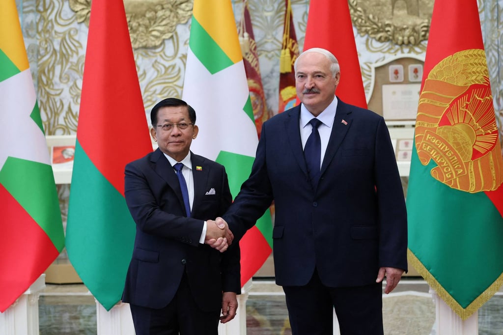 Belarus’ President Alexander Lukashenko (right) shakes hands with Myanmar’s President Min Aung Hlaing during a meeting in Minsk, Belarus on Friday. Belarus’ President Alexander Lukashenko (right) shakes hands with Myanmar’s President Min Aung Hlaing during a meeting in Minsk, Belarus on Friday.