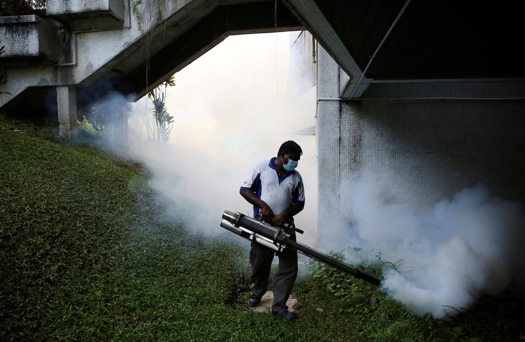 A pest control worker sprays insecticide to help control the spread of dengue fever carried by mosquitoes in Kuala Lumpur, Malaysia, in 2014. Photo: Reuters