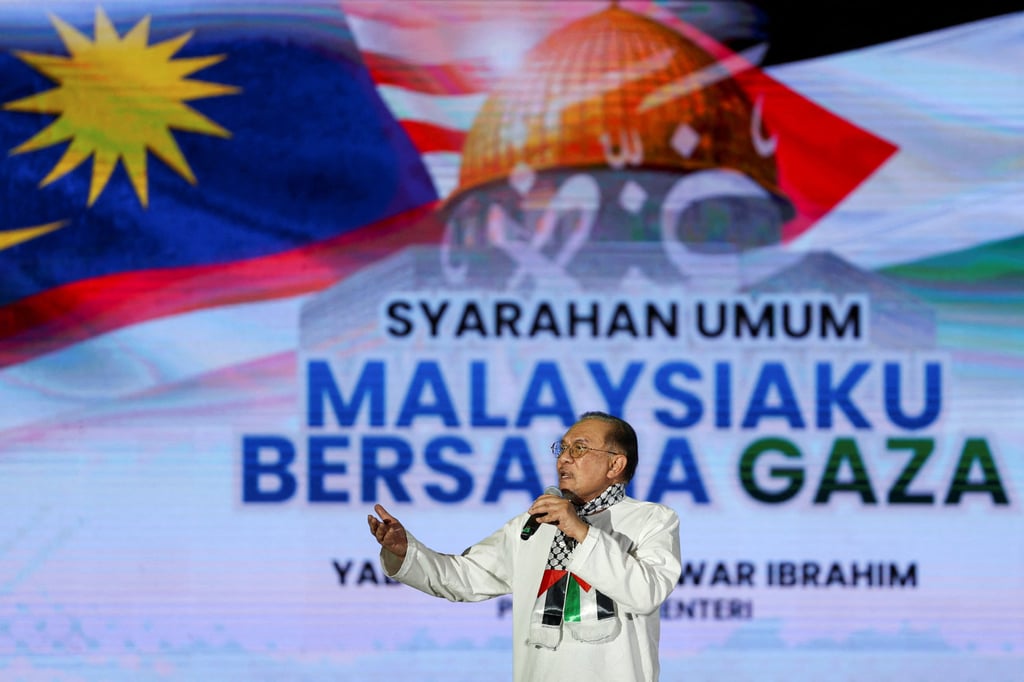 Malaysian Prime Minister Anwar Ibrahim delivers a speech during a pro-Palestinian solidarity rally in last year. Photo: Reuters Malaysian Prime Minister Anwar Ibrahim delivers a speech during a pro-Palestinian solidarity rally in last year. Photo: Reuters