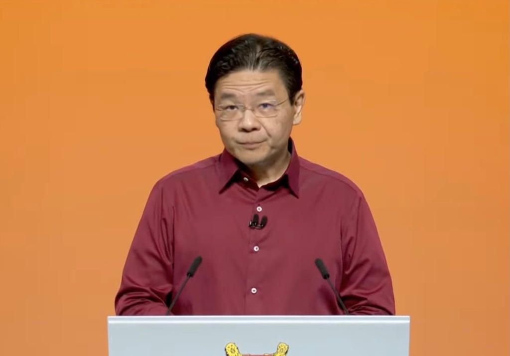 Singapore’s Prime Minister Lawrence Wong during the National Day Rally speech on Sunday. Photo: YouTube/CNA