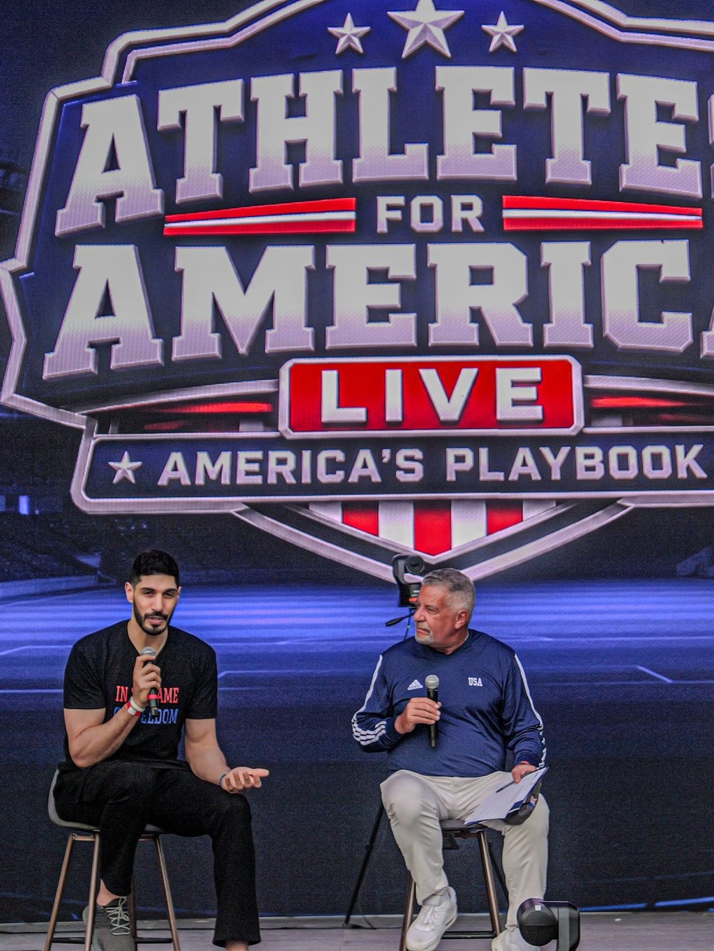 Enes Kanter Freedom (left) speaks at an Athletes for America event in July. Photo: @enesfreedom/Instagram Enes Kanter Freedom (left) speaks at an Athletes for America event in July. Photo: @enesfreedom/Instagram