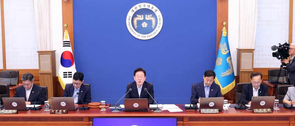 South Korean President Lee Jae Myung (centre) speaks during a cabinet meeting at the presidential office in Seoul on Tuesday. Photo: Yonhap/EPA South Korean President Lee Jae Myung (centre) speaks during a cabinet meeting at the presidential office in Seoul on Tuesday. Photo: Yonhap/EPA