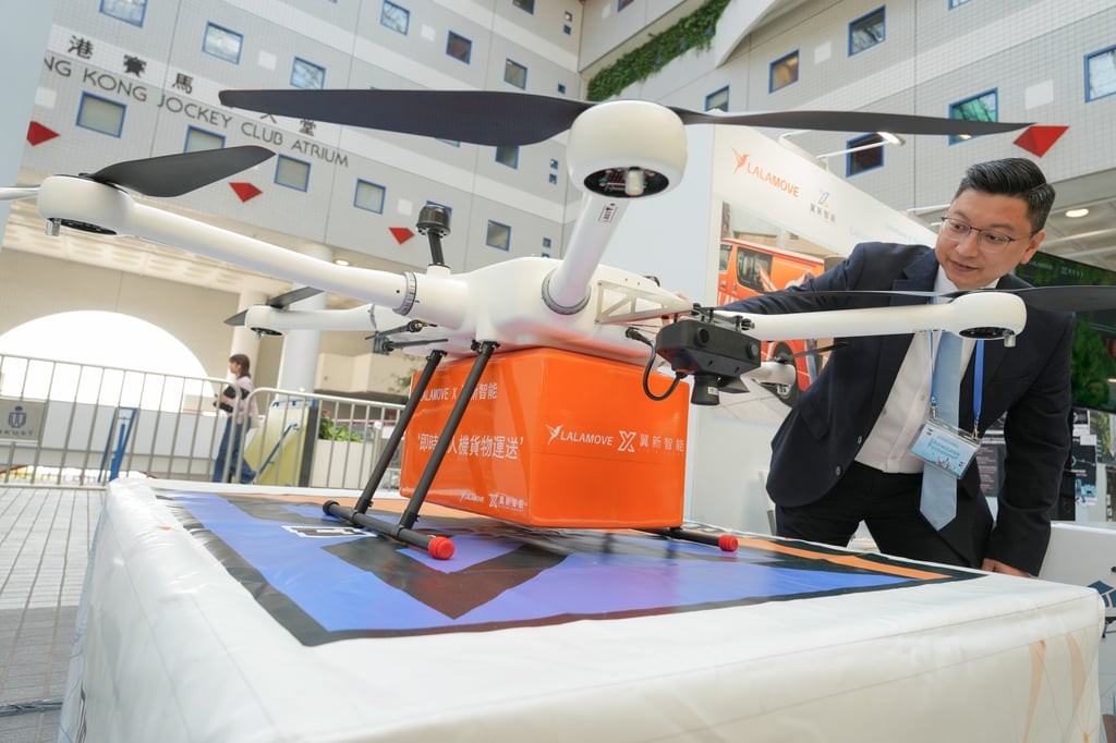 A Lalamove delivery drone on display at the Hong Kong University of Science and Technology. Photo: Sam Tsang A Lalamove delivery drone on display at the Hong Kong University of Science and Technology. Photo: Sam Tsang