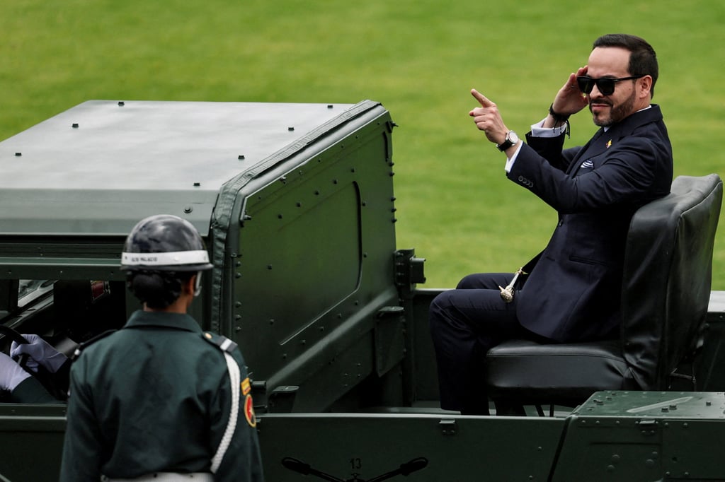 Colombia’s President Abelardo de la Espriella aboard a military vehicle in Bogota on Wednesday. Photo: Reuters Colombia’s President Abelardo de la Espriella aboard a military vehicle in Bogota on Wednesday. Photo: Reuters