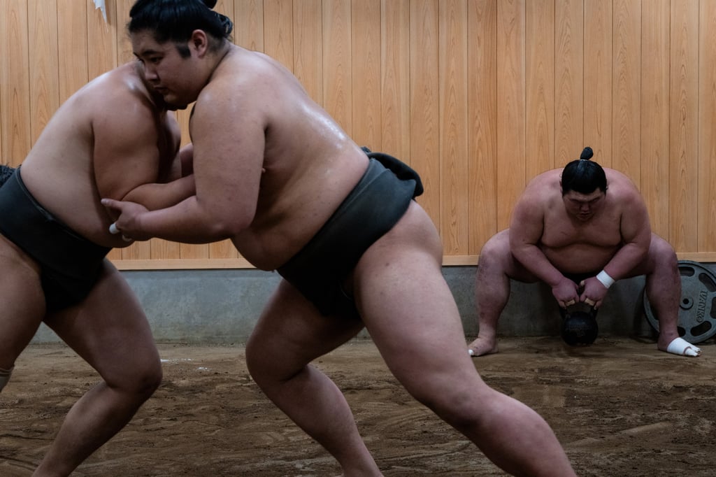 Sumo wrestlers train during a morning practice at Ajigawa stable in Tokyo in February. Photo: AP Sumo wrestlers train during a morning practice at Ajigawa stable in Tokyo in February. Photo: AP