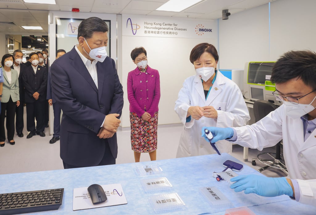 President Xi Jinping (left) on an inspection tour of the Hong Kong Science Park, accompanied by the then-Hong Kong chief executive, Carrie Lam (second from left), on June 30, 2022. Photo: Xinhua President Xi Jinping (left) on an inspection tour of the Hong Kong Science Park, accompanied by the then-Hong Kong chief executive, Carrie Lam (second from left), on June 30, 2022. Photo: Xinhua