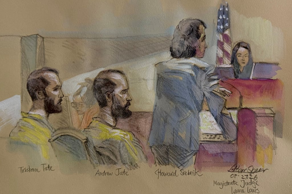 Andrew and Tristan Tate sit as their lawyer Howard Srebnick urges US Magistrate Judge Lauren Louis to release the brothers on bail in Miami, Florida, on Thursday. Courtroom sketch: Omnimedia Arts Inc/Lothar Speer via Reuters Andrew and Tristan Tate sit as their lawyer Howard Srebnick urges US Magistrate Judge Lauren Louis to release the brothers on bail in Miami, Florida, on Thursday. Courtroom sketch: Omnimedia Arts Inc/Lothar Speer via Reuters