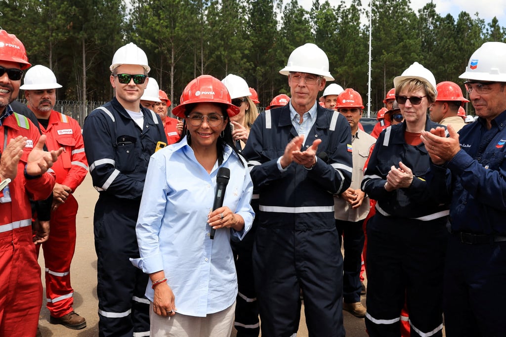 Venezuela’s interim President Delcy Rodriguez, US Energy Secretary Chris Wright and US Charge d’Affaires for Venezuela Laura Dogu visit oil production facilities in Maturin, Monagas state, in February. Photo: Miraflores Palace via Reuters