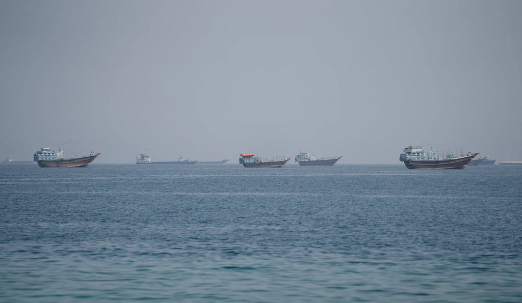 Vessels near the Strait of Hormuz, as seen from Musandam, Oman, on August 24. Photo: Reuters