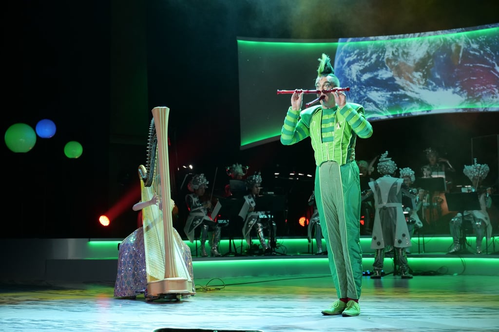 Recorder virtuoso Gabor Vosteen (right) and 10-year-old harpist and actress Adeline Wong perform during a scene in Space Fantasy. Photo: courtesy of CCOHK Recorder virtuoso Gabor Vosteen (right) and 10-year-old harpist and actress Adeline Wong perform during a scene in Space Fantasy. Photo: courtesy of CCOHK