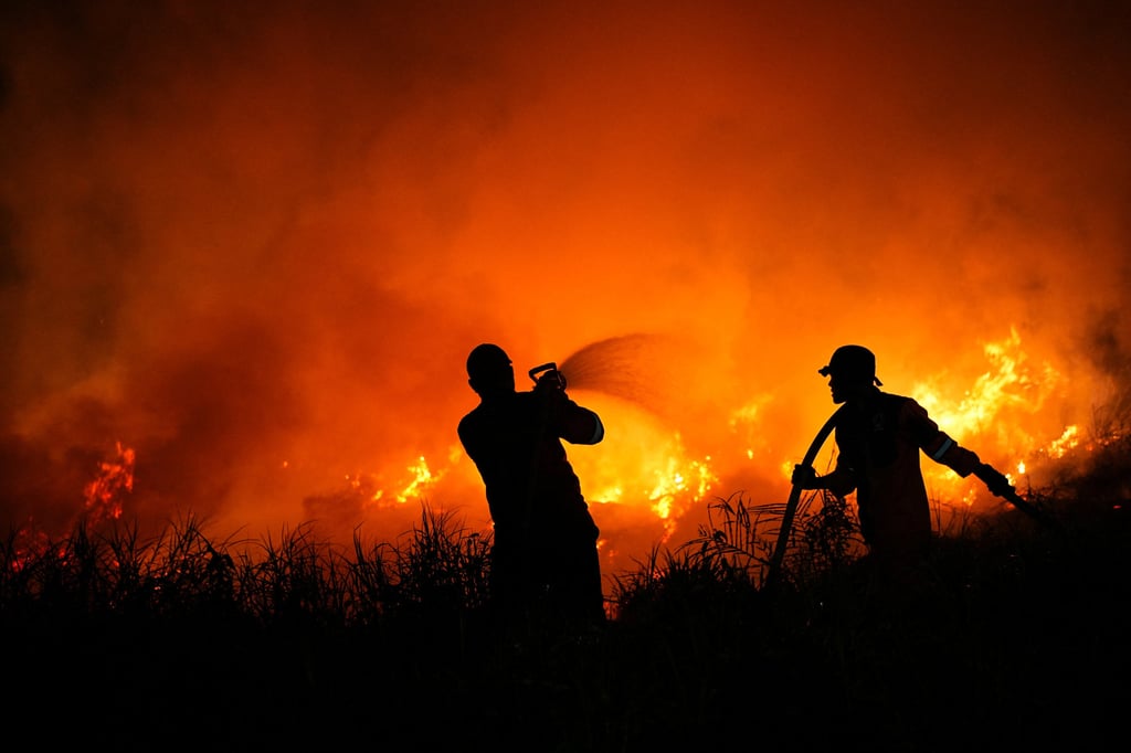Firefighters spray water in an attempt to extinguish a wildfire in Indonesia’s South Sumatra province on Friday. Photo: Reuters