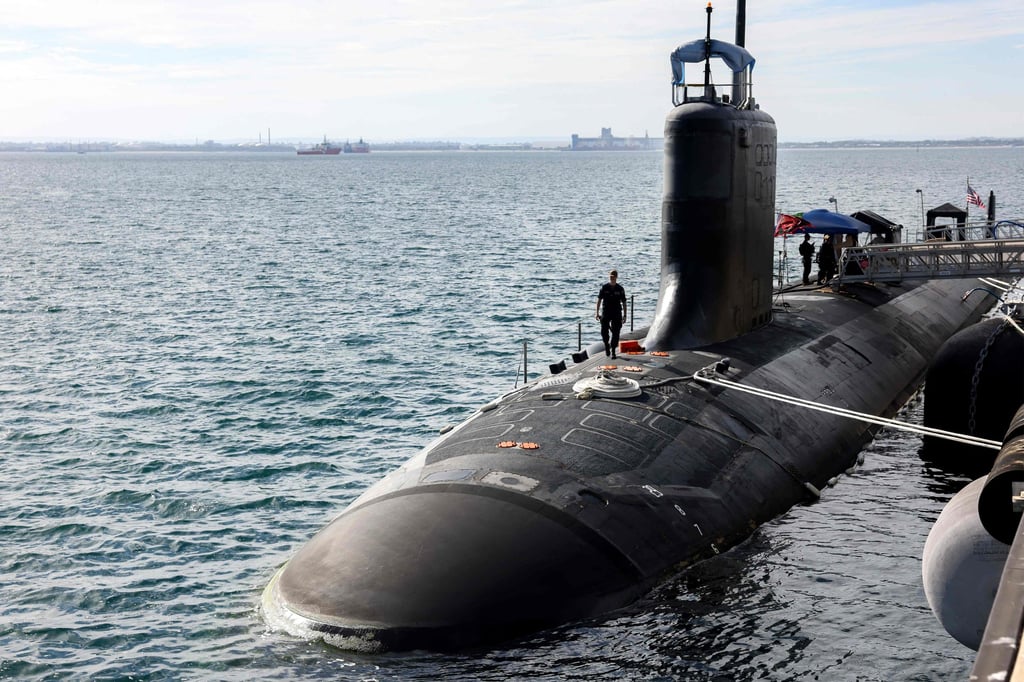 A Virginia-class fast-attack submarine docks in Rockingham, Western Australia, in February 2025. Australia is in the market for nuclear submarines under the Aukus pact. Photo: AFP