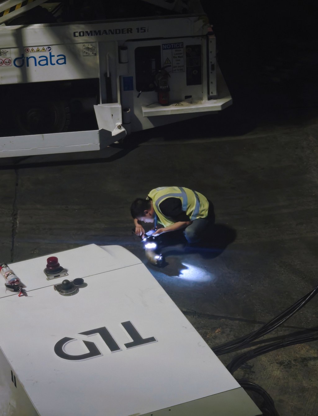 Personnel examine the site. Passengers were told hours after the expected take-off time that their flight to Beijing was cancelled. Photo: Weibo