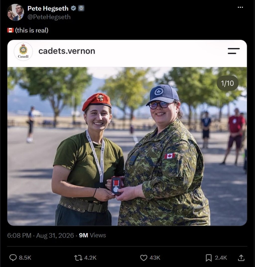 US defence chief Pete Hegseth on Monday posted an image from a cadet training centre in British Columbia, Canada, showing two young women in uniform, adding “this is real”, along with a Canadian flag. Image: X/PeteHegseth