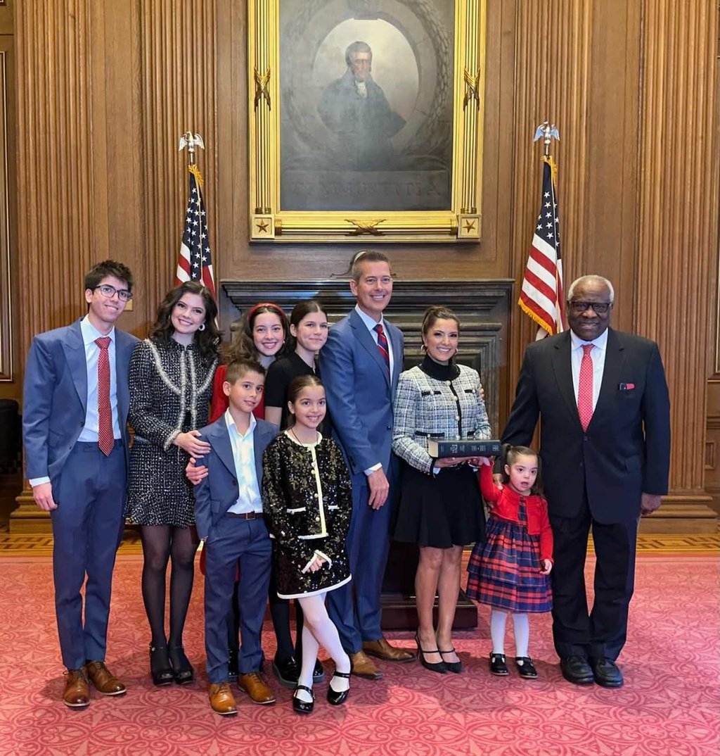 Transport Secretary Sean Duffy was sworn in by Justice Clarence Thomas on January 29, 2025. In the road trip series released last month, the family toured Boston College and Harvard University, two colleges Duffy’s daughter was considering. Photo: Instagram@rcamposduffy
