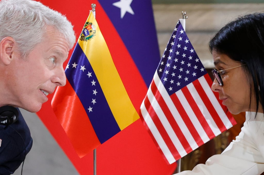 US Energy Secretary Chris Wright meets with Venezuelan acting President Delcy Rodriguez at Miraflores presidential palace in Caracas on Wednesday. Photo: AP US Energy Secretary Chris Wright meets with Venezuelan acting President Delcy Rodriguez at Miraflores presidential palace in Caracas on Wednesday. Photo: AP