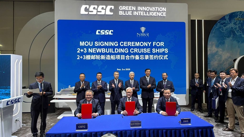 CSSC’s Waigaoqiao signs an MOU with Nor Cruises in Hamburg, Germany, on Wednesday. Photo: Handout