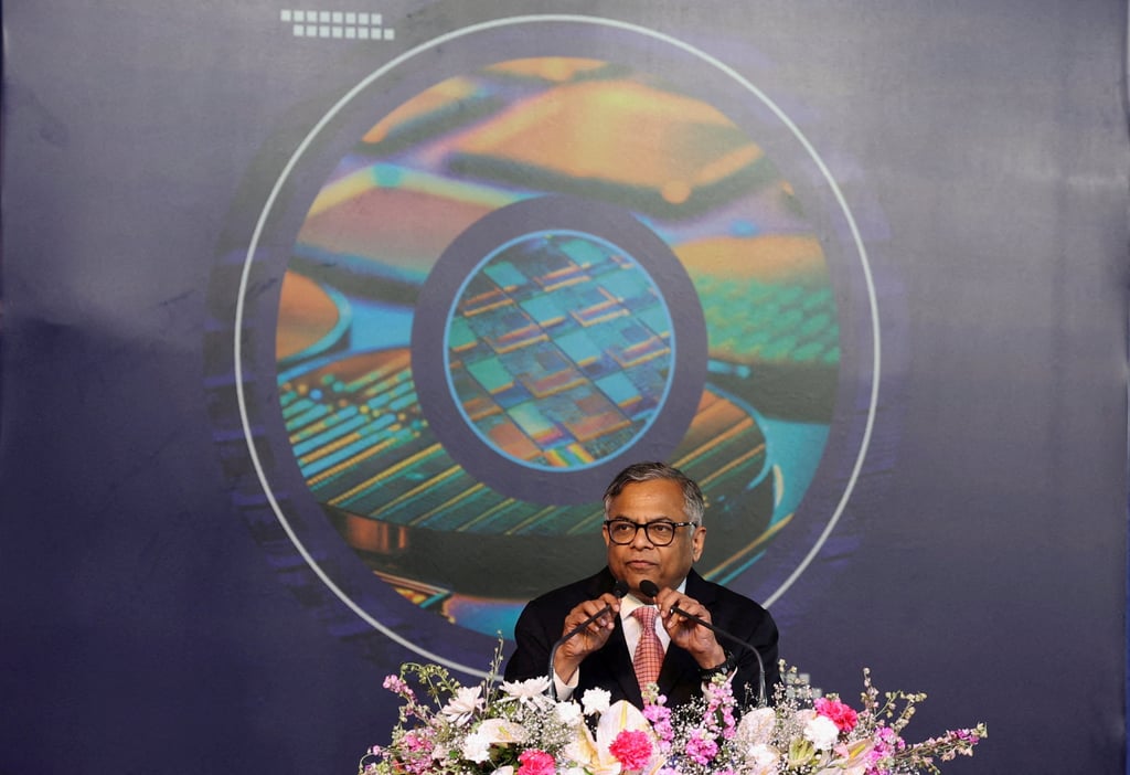 Tata Sons chairman N. Chandrasekaran gives a speech at the foundation stone laying ceremony for India’s first AI-enabled semiconductor fab manufacturing facilities in Dholera, Gujarat, on March 13, 2024. Photo: Reuters