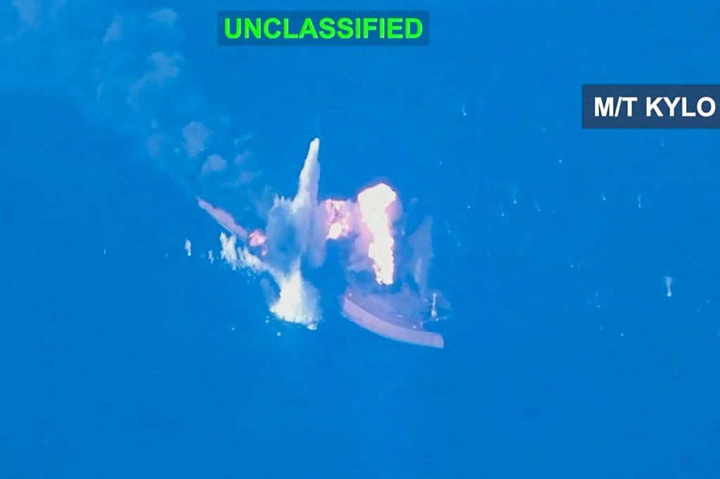 This screen grab from handout video footage released by the US Central Command on Saturday shows what CENTCOM says are strikes that destroyed three oil tankers linked to Islamic Revolutionary Guard Corps after the Iranian military organisation fired on US warships. Photo by US Central Command / AFP This screen grab from handout video footage released by the US Central Command on Saturday shows what CENTCOM says are strikes that destroyed three oil tankers linked to Islamic Revolutionary Guard Corps after the Iranian military organisation fired on US warships. Photo by US Central Command / AFP