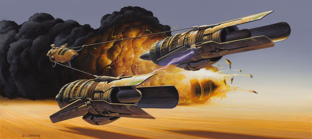 Podrace Crash, production art for Star Wars: Episode I – The Phantom Menace (1995–99) by Doug Chiang. Photo: Lucas Museum of Narrative Art Podrace Crash, production art for Star Wars: Episode I – The Phantom Menace (1995–99) by Doug Chiang. Photo: Lucas Museum of Narrative Art