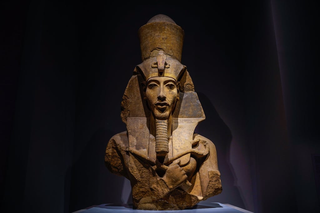 The statue of Akhenaten on display at the ‘Ancient Egypt Unveiled: Treasures from Egyptian Museums’ exhibition, at the Hong Kong Palace Museum. Photo: dpa The statue of Akhenaten on display at the ‘Ancient Egypt Unveiled: Treasures from Egyptian Museums’ exhibition, at the Hong Kong Palace Museum. Photo: dpa