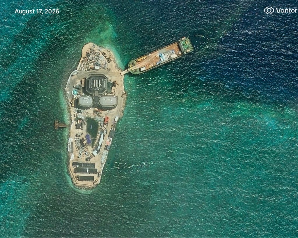 A satellite view of Yagong Reef in the Paracel Islands of the South China Sea on August 17. Photo: Vantor / Reuters