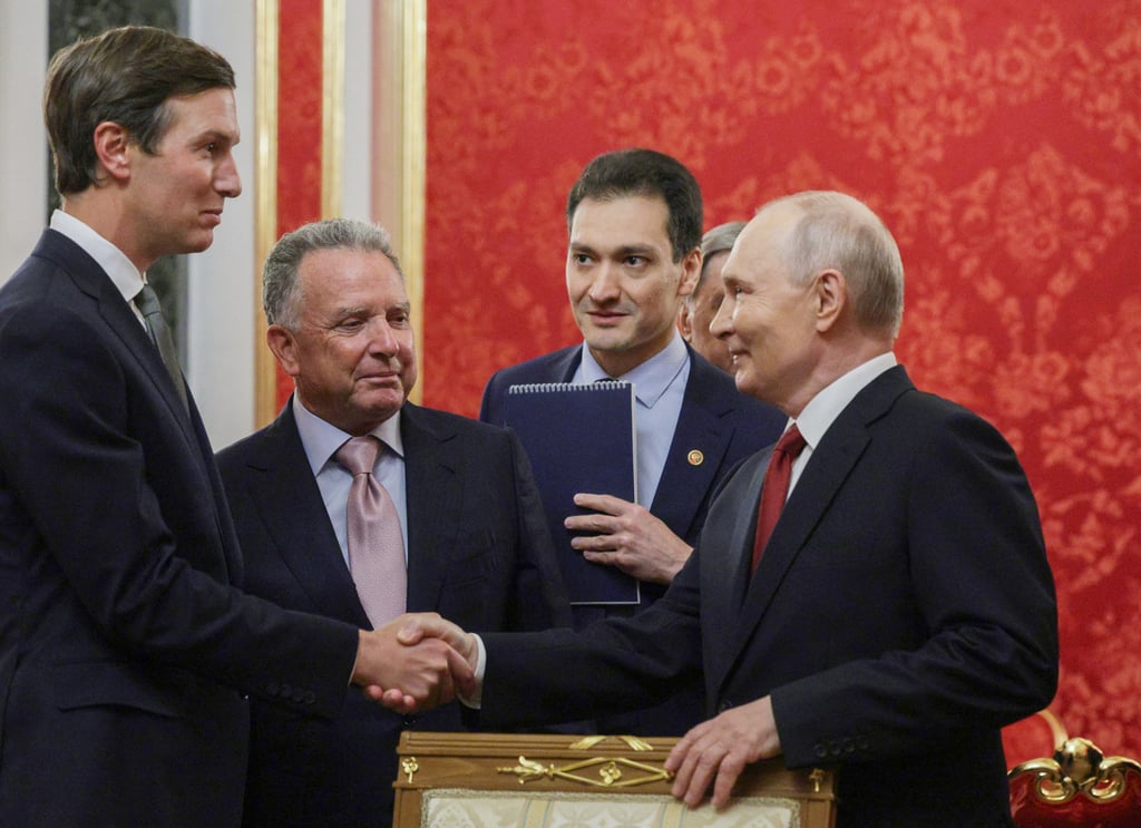 Russia’s President Vladimir Putin (right) welcomes US special envoy Steve Witkoff (second from left) and US President Donald Trump’s son-in-law Jared Kushner (left) in Moscow on Saturday. Photo: Sputnik via TNS Russia’s President Vladimir Putin (right) welcomes US special envoy Steve Witkoff (second from left) and US President Donald Trump’s son-in-law Jared Kushner (left) in Moscow on Saturday. Photo: Sputnik via TNS