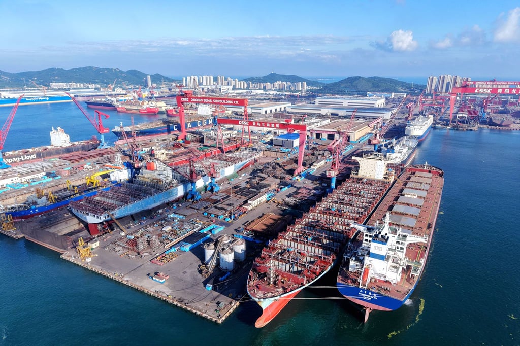 The blaze started just after 11am at the Qingdao Beihai shipyard in Qingdao, Shandong province. Photo: NurPhoto via Getty Images