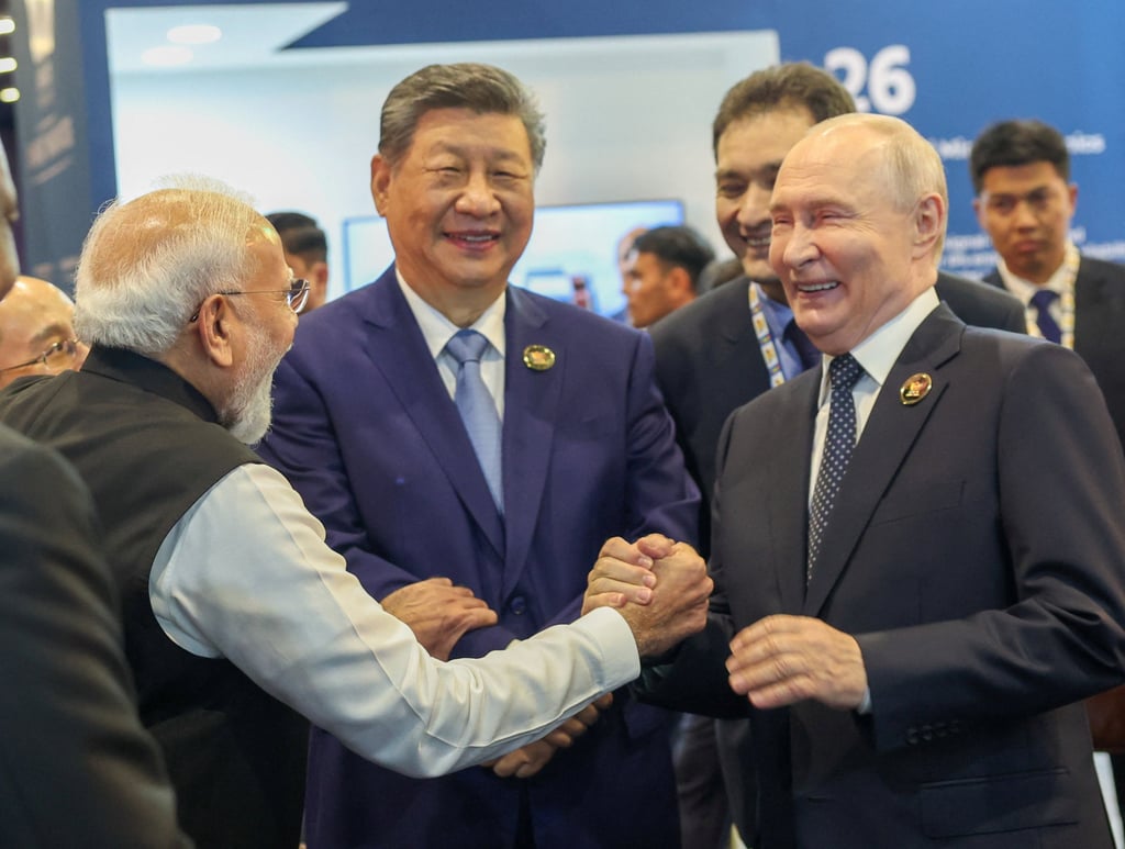 Indian Prime Minister Narendra Modi, Russian President Vladimir Putin and Chinese President Xi Jinping share a moment at Bharat Mandapam during the Brics summit in New Delhi, India, on Saturday. Photo: Handout via Reuters Indian Prime Minister Narendra Modi, Russian President Vladimir Putin and Chinese President Xi Jinping share a moment at Bharat Mandapam during the Brics summit in New Delhi, India, on Saturday. Photo: Handout via Reuters