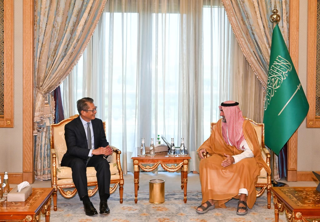 Hong Kong Financial Secretary Paul Chan meets the Governor of the Public Investment Fund of Saudi Arabia, Yasir Othman Al-Rumayyan, in Riyadh in 2024. Photo: SCMP Pictures (handout from ISD) Hong Kong Financial Secretary Paul Chan meets the Governor of the Public Investment Fund of Saudi Arabia, Yasir Othman Al-Rumayyan, in Riyadh in 2024. Photo: SCMP Pictures (handout from ISD)
