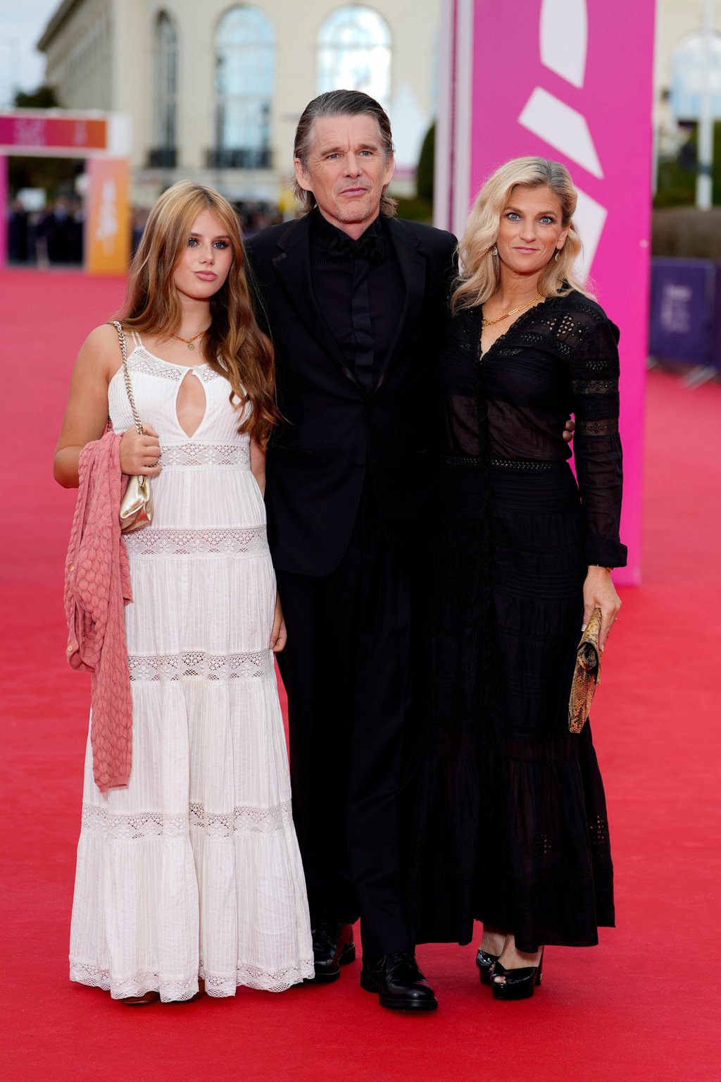(From left) Indiana Hawke, Ethan Hawke and Ryan Shawhughes on the red carpet at the 52nd Deauville American Film Festival in France on September 4. Photo: Getty Images