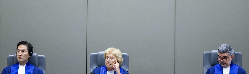 Judges Joanna Korner (centre), Keebong Paek (left) and Nicolas Guillou chair a preliminary hearing of former Philippine president Rodrigo Duterte at the International Criminal Court in The Hague on Wednesday. Photo: AFP