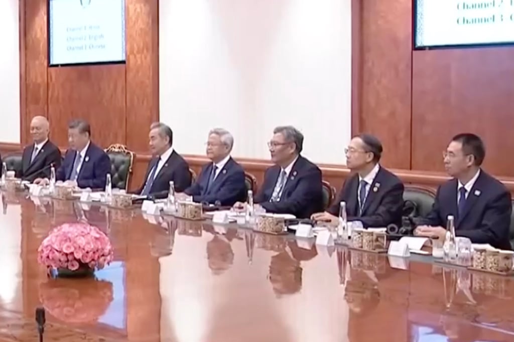 Zhou Hongxu (far right) joining President Xi Jinping at a meeting with Indian Prime Minister Narendra Modi in New Delhi, India, on September 12. Photo: CCTV Zhou Hongxu (far right) joining President Xi Jinping at a meeting with Indian Prime Minister Narendra Modi in New Delhi, India, on September 12. Photo: CCTV