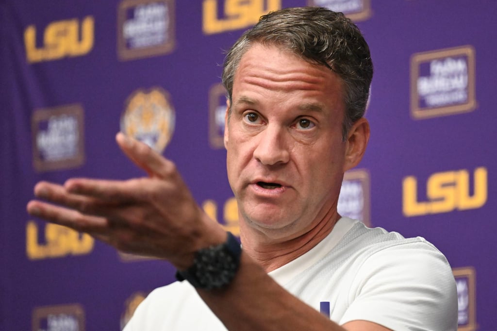 LSU American football head coach Lane Kiffin speaks during a news conference at the LSU Football Operations Facility in Baton Rouge in February. Photo: AP