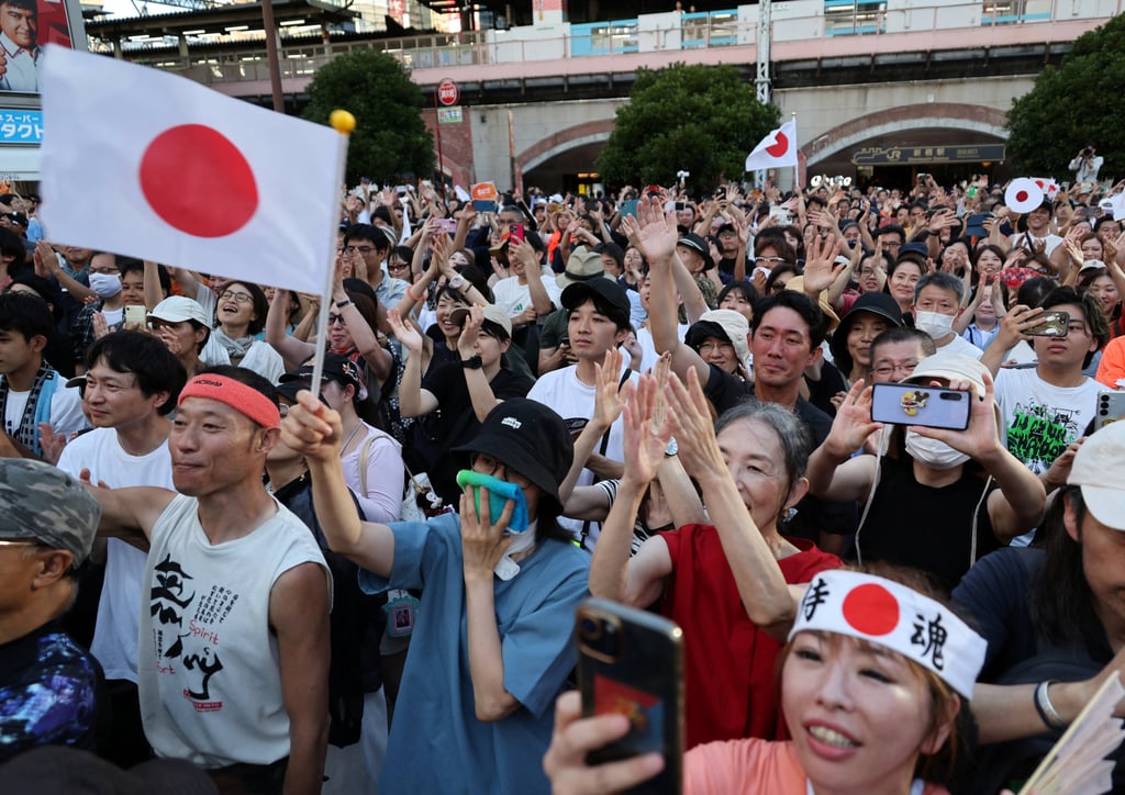 Supporters gather at a far-right Sanseito party rally in Tokyo in July 2025, following Japan’s upper house election. Photo: Reuters Supporters gather at a far-right Sanseito party rally in Tokyo in July 2025, following Japan’s upper house election. Photo: Reuters