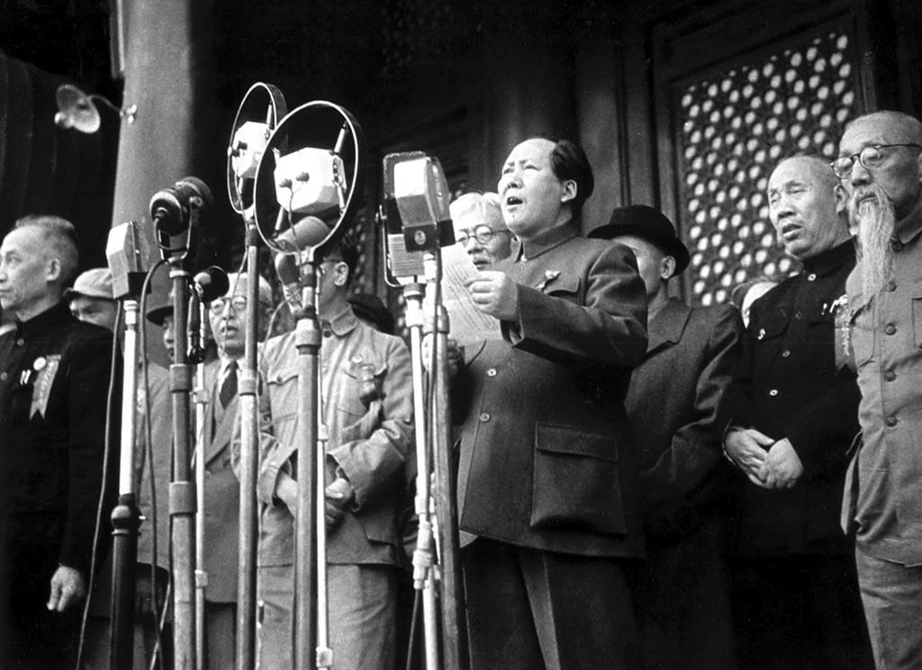 Mao Zedong, flanked by other leaders of the new government in Beijing’s Tiananmen Square, proclaims the establishment of the People’s Republic of China, on October 1, 1949. Photo: Getty Images Mao Zedong, flanked by other leaders of the new government in Beijing’s Tiananmen Square, proclaims the establishment of the People’s Republic of China, on October 1, 1949. Photo: Getty Images