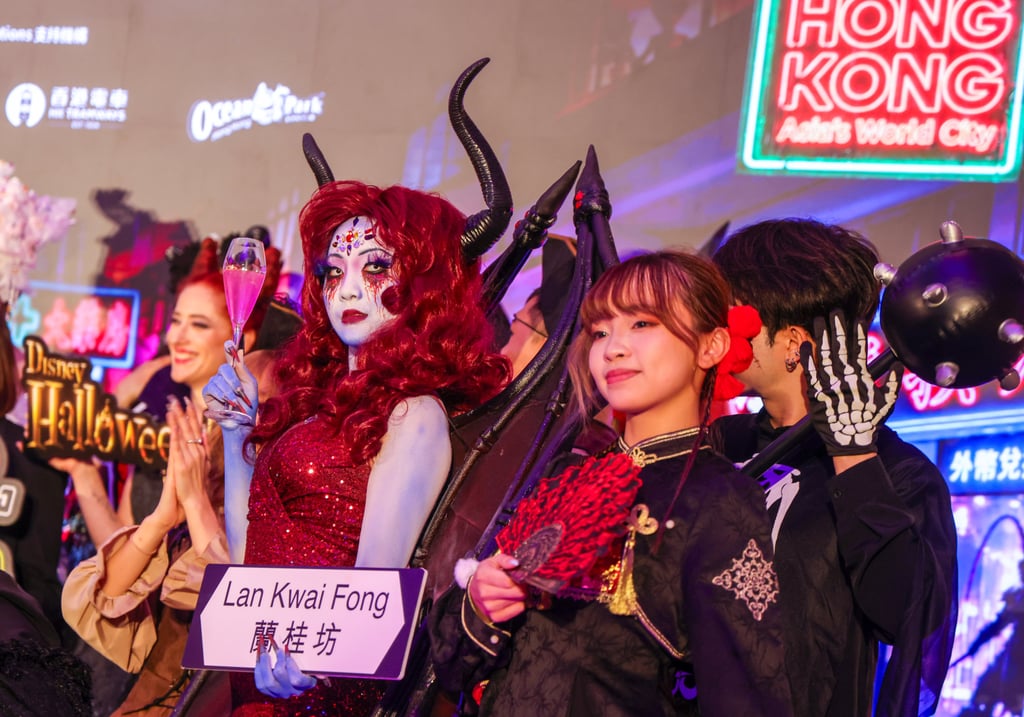 Costumed performers at the press event. Halloween displays and activities held outside the five selected aeas, including at the West Kowloon Cultural District and Tai Kwun, will also be promoted as part of the campaign. Photo: Silvia Siu Costumed performers at the press event. Halloween displays and activities held outside the five selected aeas, including at the West Kowloon Cultural District and Tai Kwun, will also be promoted as part of the campaign. Photo: Silvia Siu