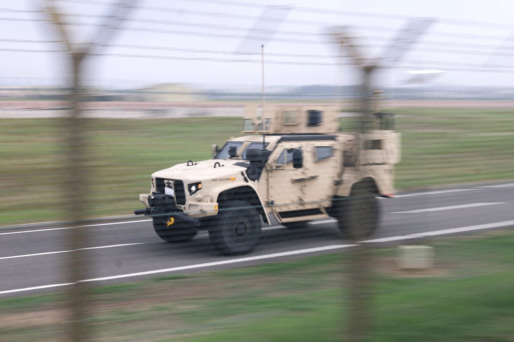 A light tactical vehicle operates at the perimeter of the RAF Fairford airbase on Tuesday. Photo: Reuters A light tactical vehicle operates at the perimeter of the RAF Fairford airbase on Tuesday. Photo: Reuters