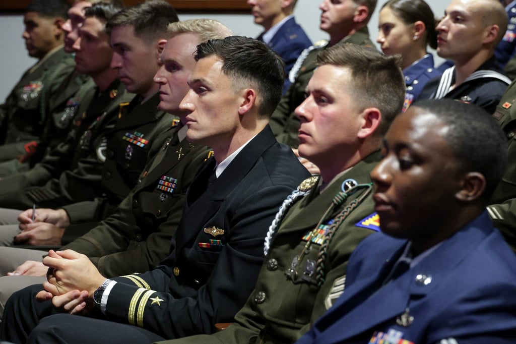 Members of the US military listen as Secretary of Defence Pete Hegseth gives a State of the Force address at Marine Corps Base Quantico on Wednesday. Photo: AP