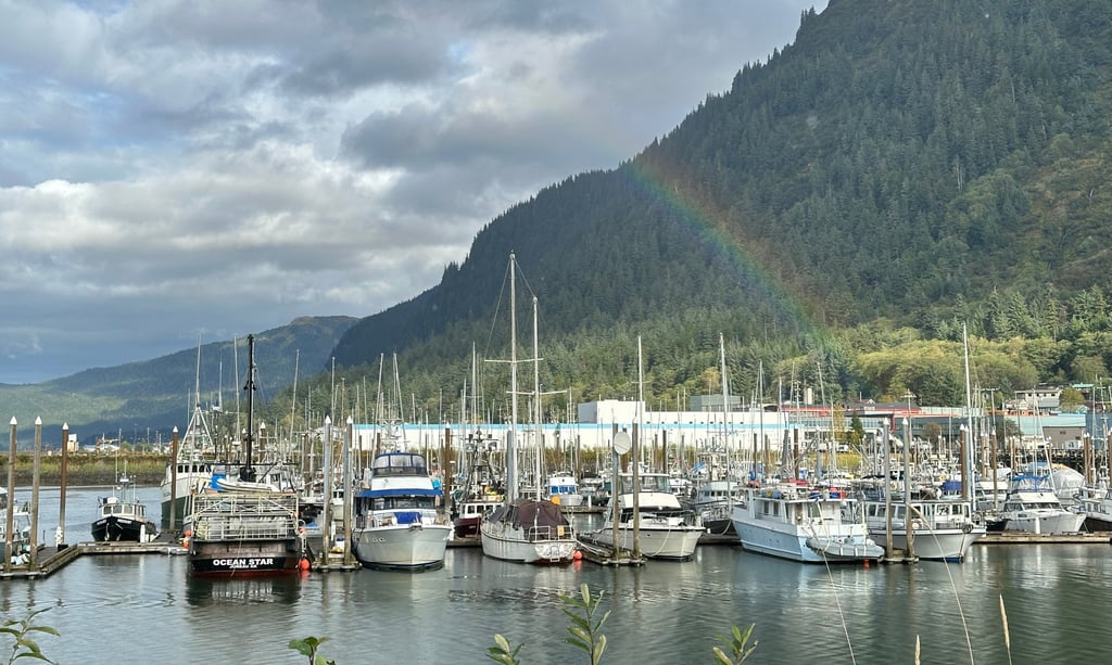 A partial rainbow arches over boats docked in a harbour in Juneau, Alaska, on September 24. Photo: AP