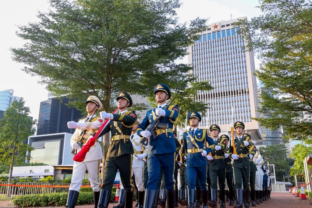 Members of the People’s Liberation Army Hong Kong Garrison at a National Day ceremony held at Central Military Pier. Photo: Handout