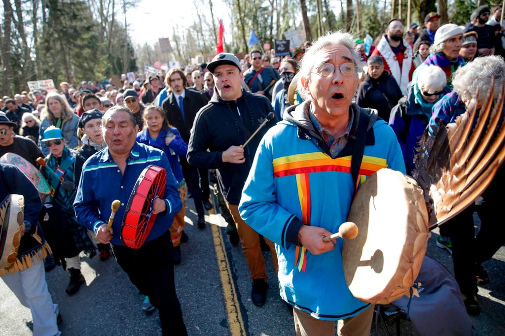 Indigenous leaders, Coast Salish Water Protectors and others demonstrate in Burnaby, British Columbia, Canada, in March 2018 against the expansion of the Trans Mountain pipeline project. Photo: AFP Indigenous leaders, Coast Salish Water Protectors and others demonstrate in Burnaby, British Columbia, Canada, in March 2018 against the expansion of the Trans Mountain pipeline project. Photo: AFP
