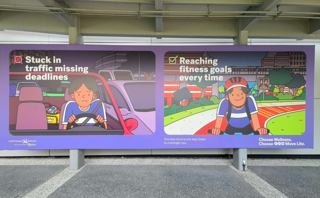 Promotional posters for the Land Transport Authority’s “Move Lite” campaign are seen at a bus stop in Singapore. Photo: Facebook/LoveCyclingSG